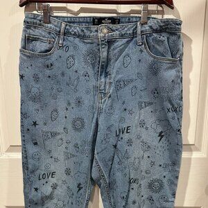 Hollister Womens Dad Jeans Ultra High-Rise Pants Doodle Drawing Scribble 17R 307